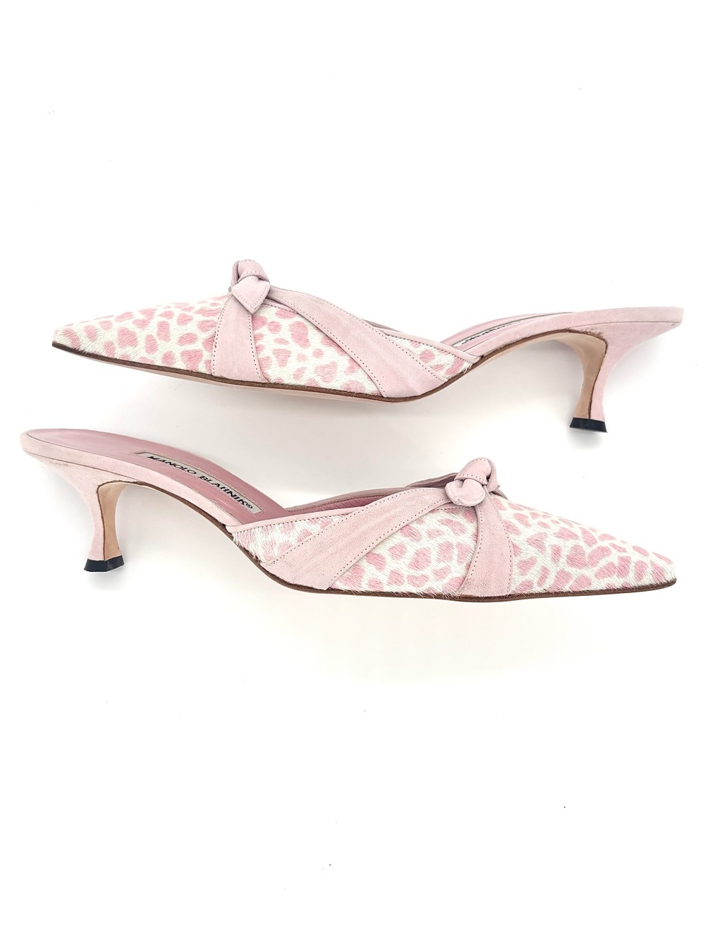 Manolo Blahnik Bow Pink Leopard Print Ponyhair Pointed Toe Kitten Heel Mules 41 - Picture 6 of 11